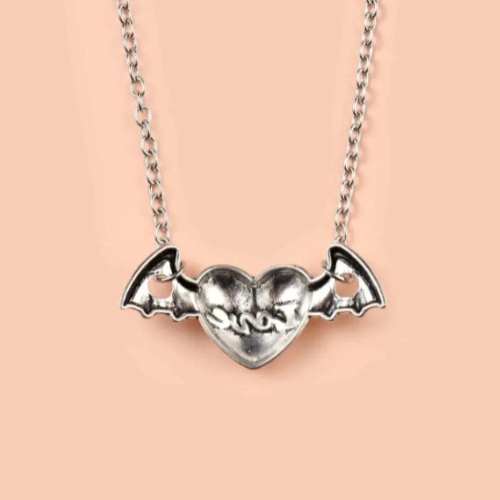 Gothic Heart with Bat Wings Silver Necklace - Picture 2 of 3